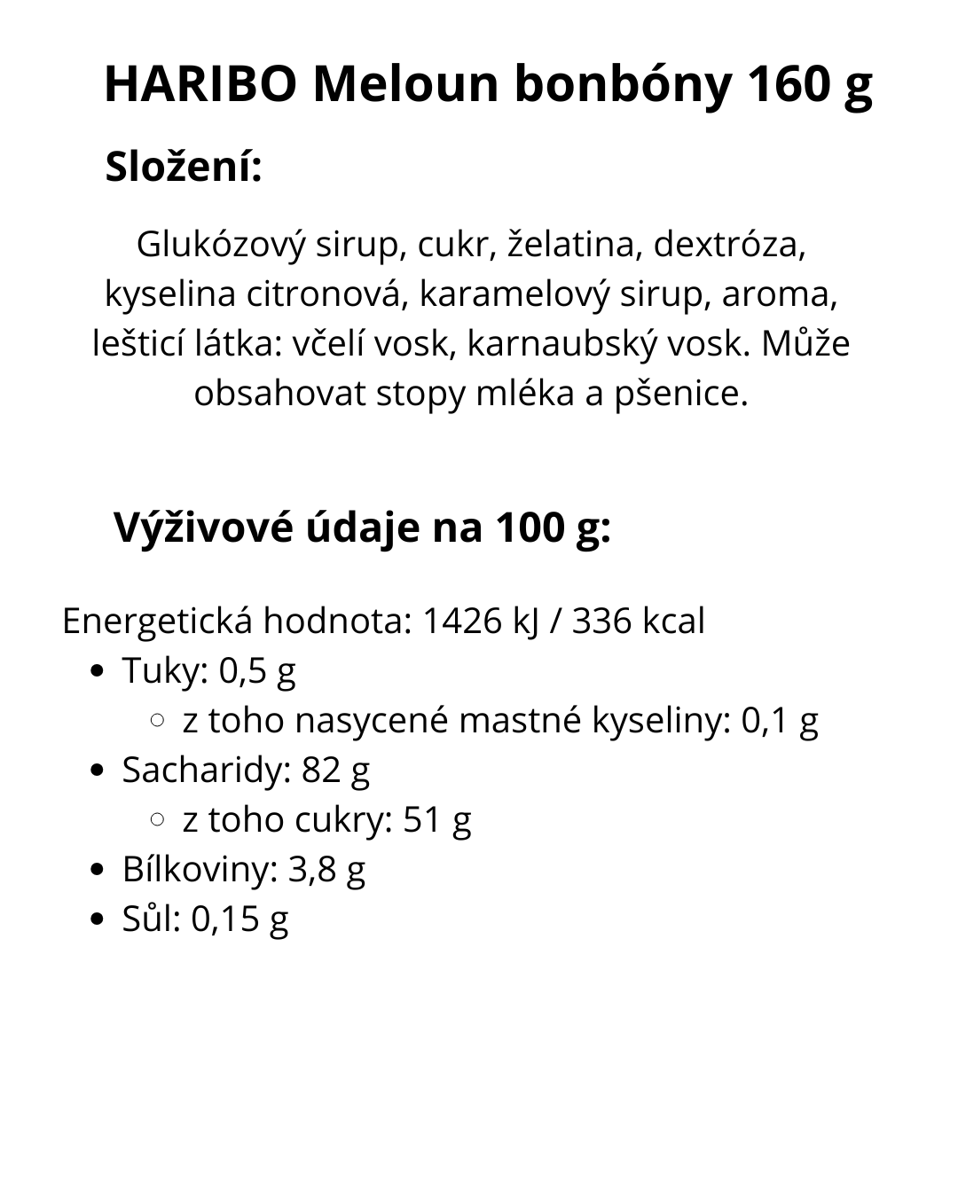 HARIBO Meloun bonbóny 160 g - energetický štítek