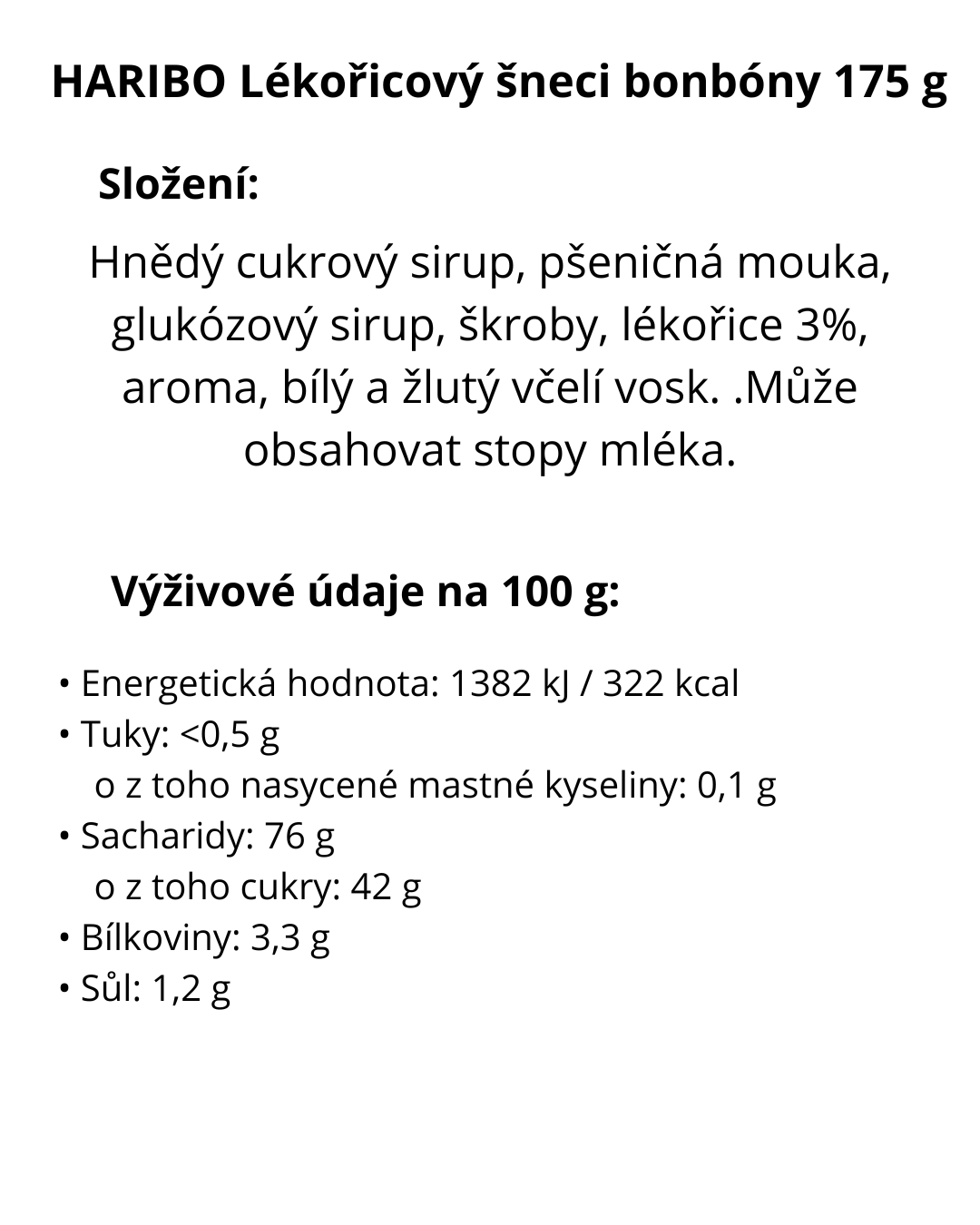 HARIBO Lékořicové bonbóny Lakritz Schnecken 175 g - energetický štítek