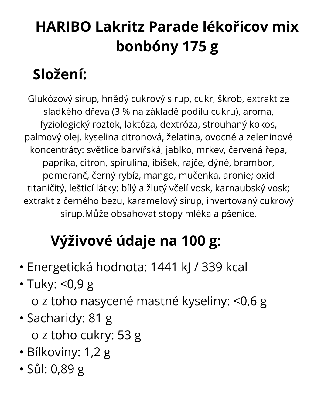 HARIBO Lékořicové bonbóny Lakritz Parade - 175 g - energetický štítek