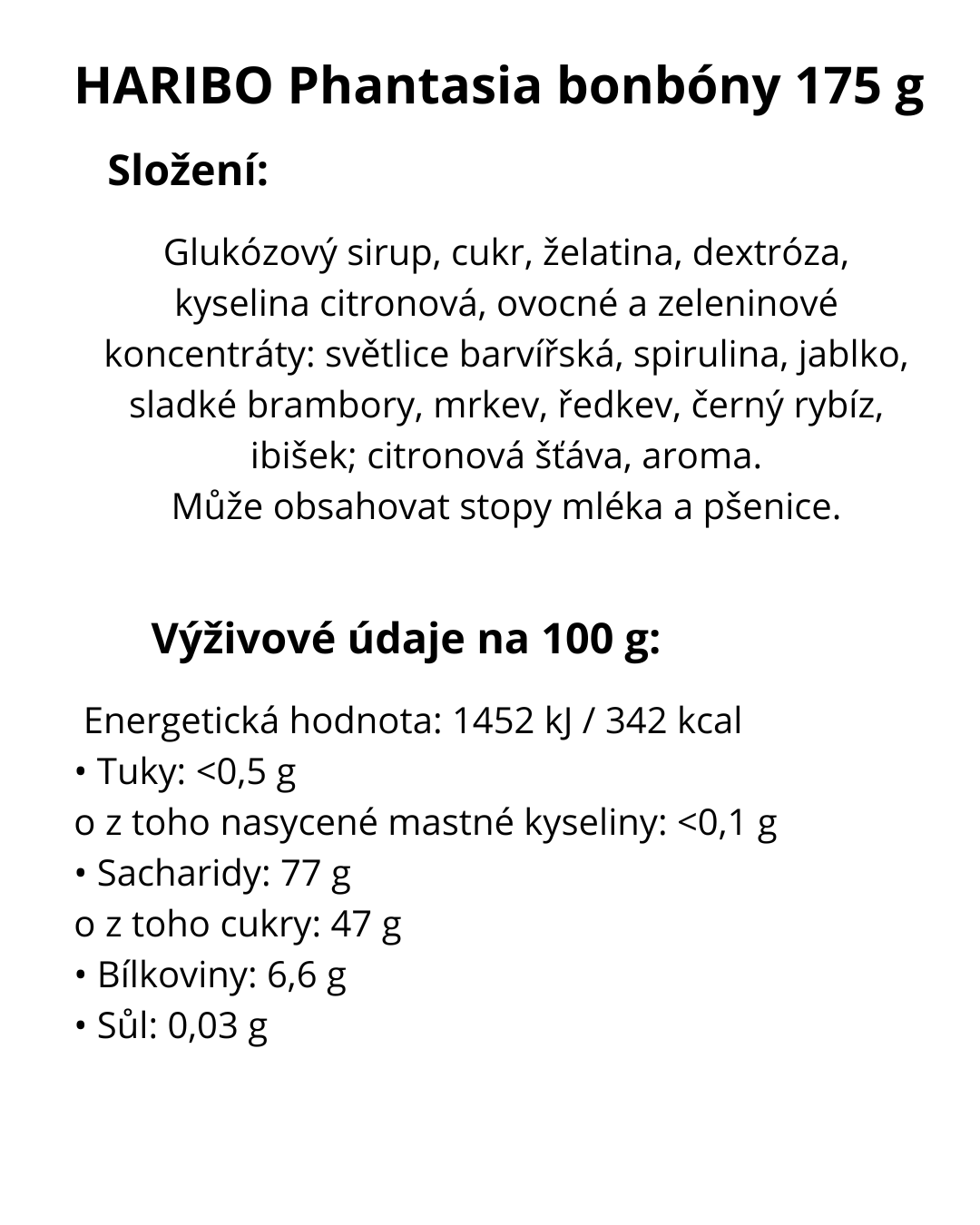 HARIBO Phantasia bonbóny 175 g - energetický štítek