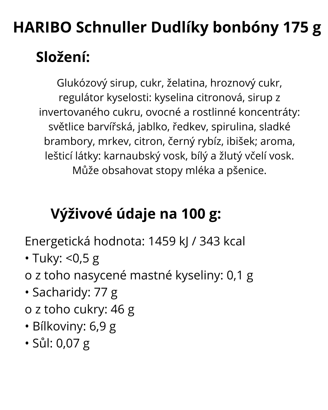 HARIBO Schnuller Dudlíky bonbóny 175 g - energetický štítek
