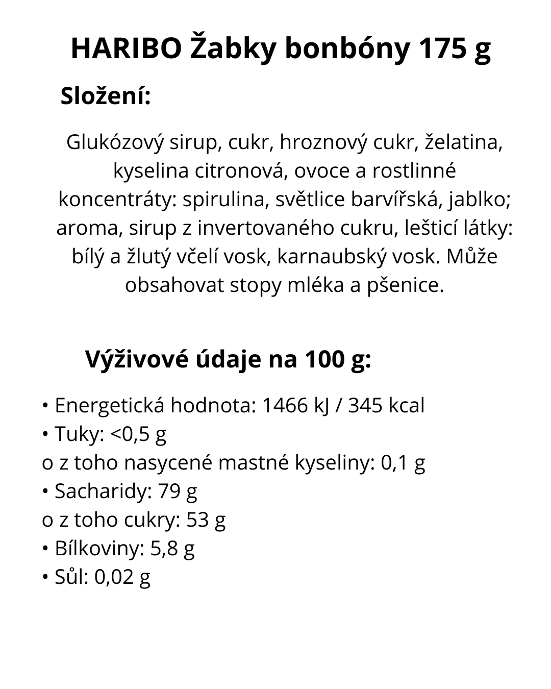 HARIBO Žabky bonbóny 175 g - energetický štítek