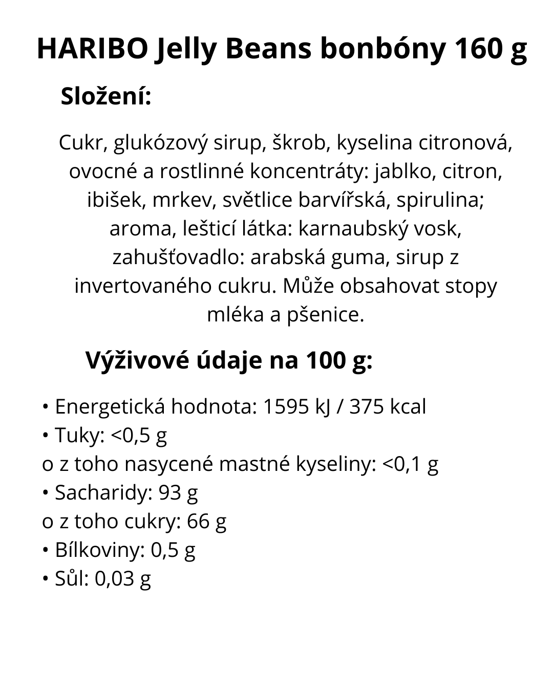 HARIBO Jelly Beans bonbóny 160 g - energetický štítek