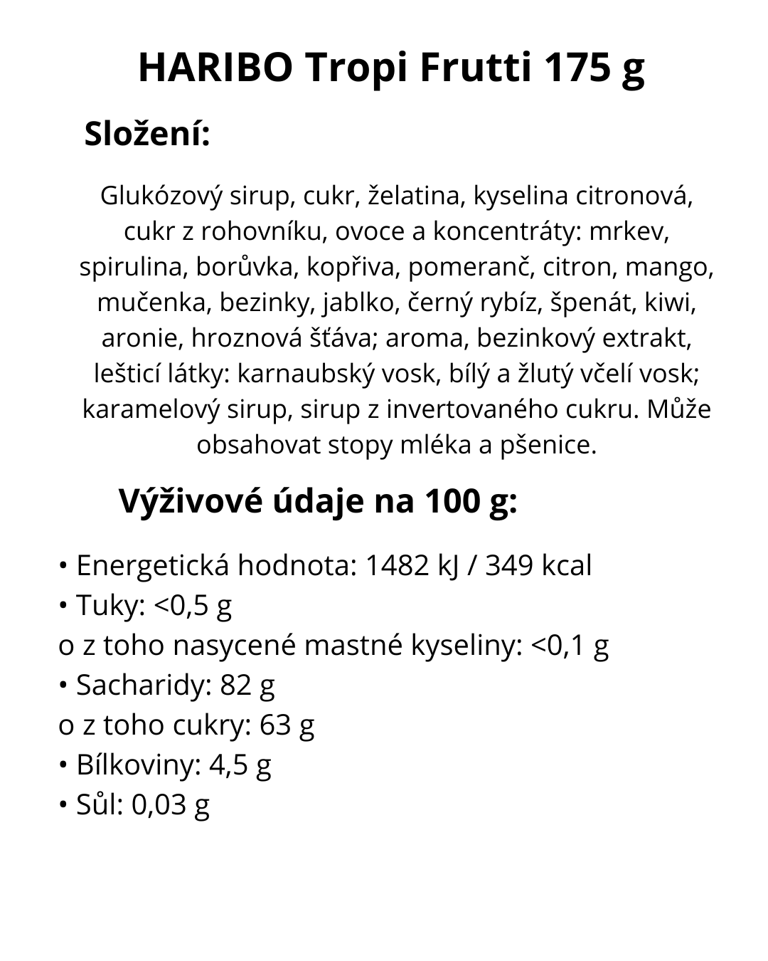 HARIBO Tropi Frutti 175 g - energetický štítek