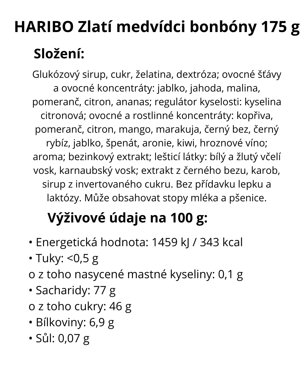 HARIBO Zlatí medvídci bonbóny 175 g - energetický štítek