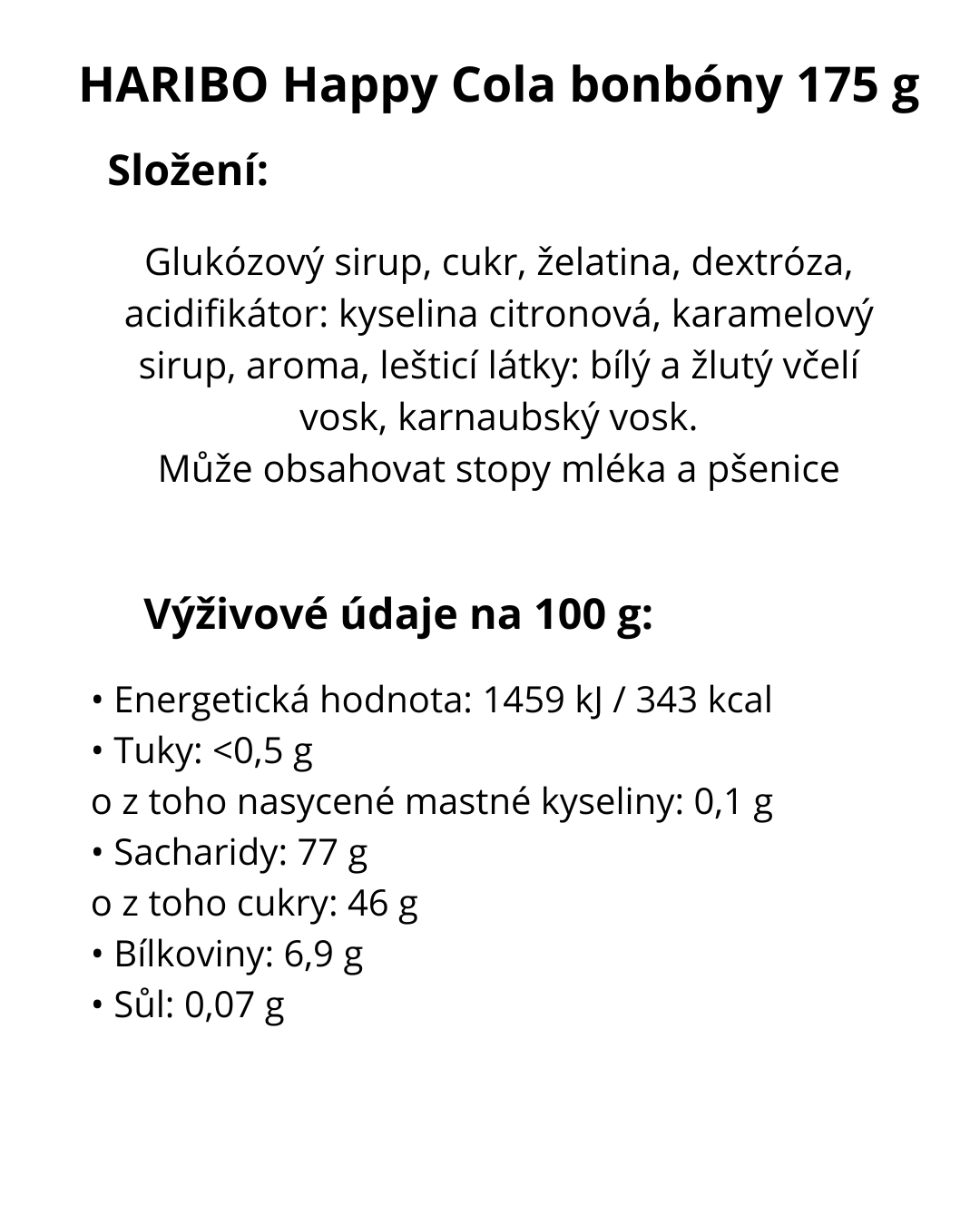 HARIBO Happy Cola bonbóny 175 g - energetický štítek