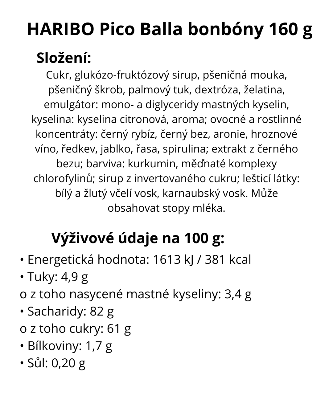 HARIBO Pico Balla bonbóny 160 g - energetický štítek