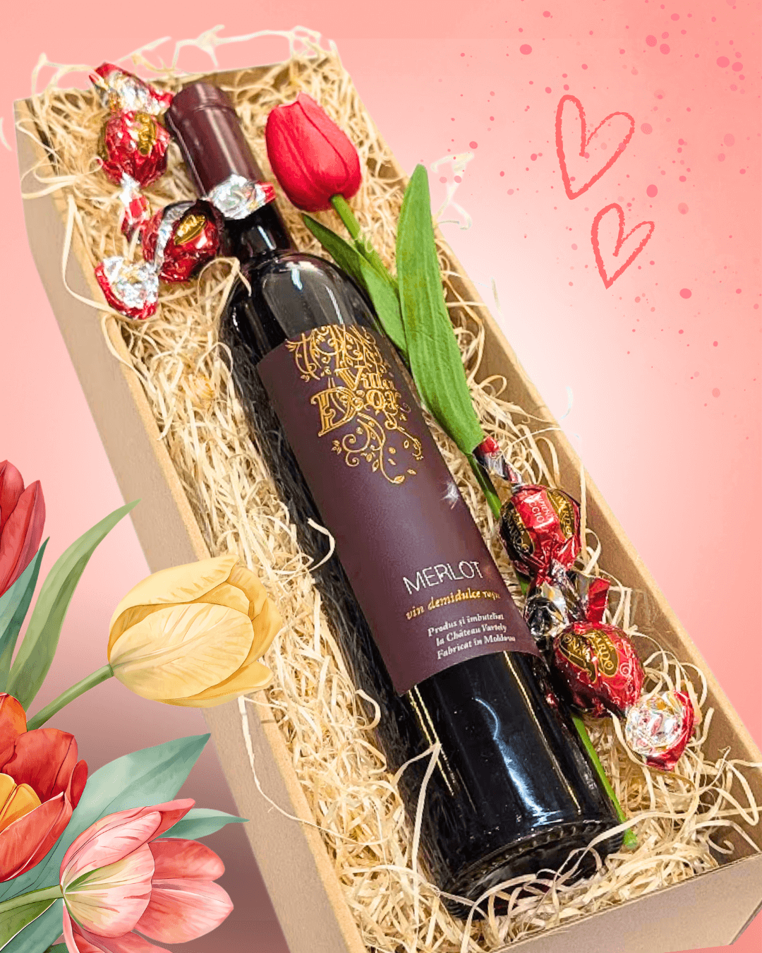 Dárková krabička s ČERVENÝM vínem a tulipánem