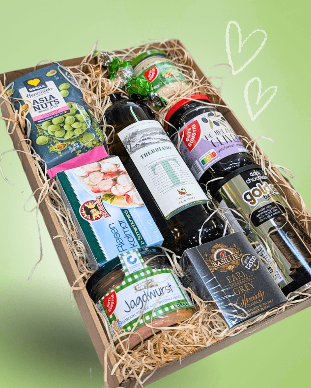 Velká Dárková krabice s vínem TREBBIANO a wasabi oříšky, ZELENÁ