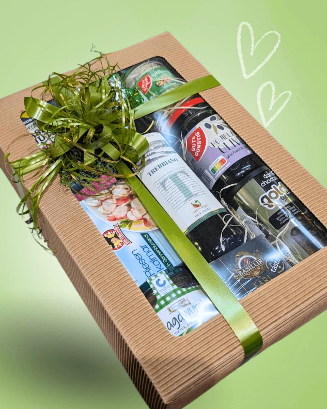 Velká Dárková krabice s vínem TREBBIANO a wasabi oříšky, ZELENÁ