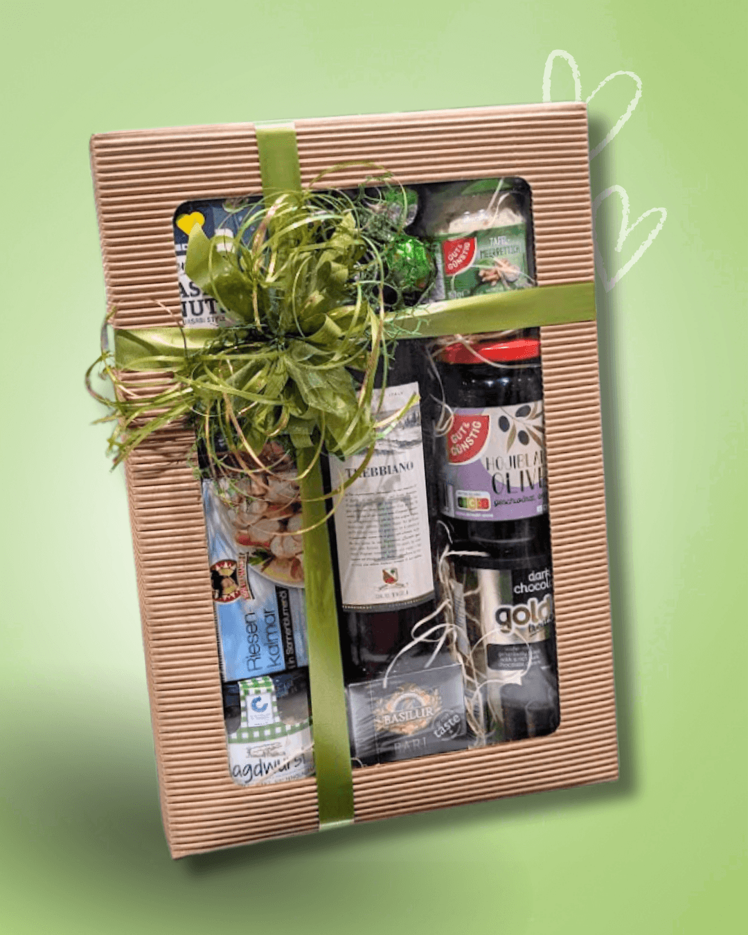 Velká Dárková krabice s vínem TREBBIANO a wasabi oříšky, ZELENÁ